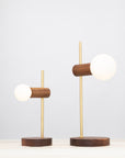 Stem Brass and Walnut table lamp with Sphere Dim to Warm bulbs