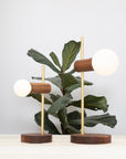 Stem Brass and Walnut table lamp with Sphere Dim to Warm bulbs