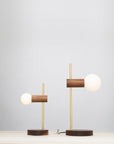 Stem Brass and Walnut table lamp with Sphere Dim to Warm bulbs