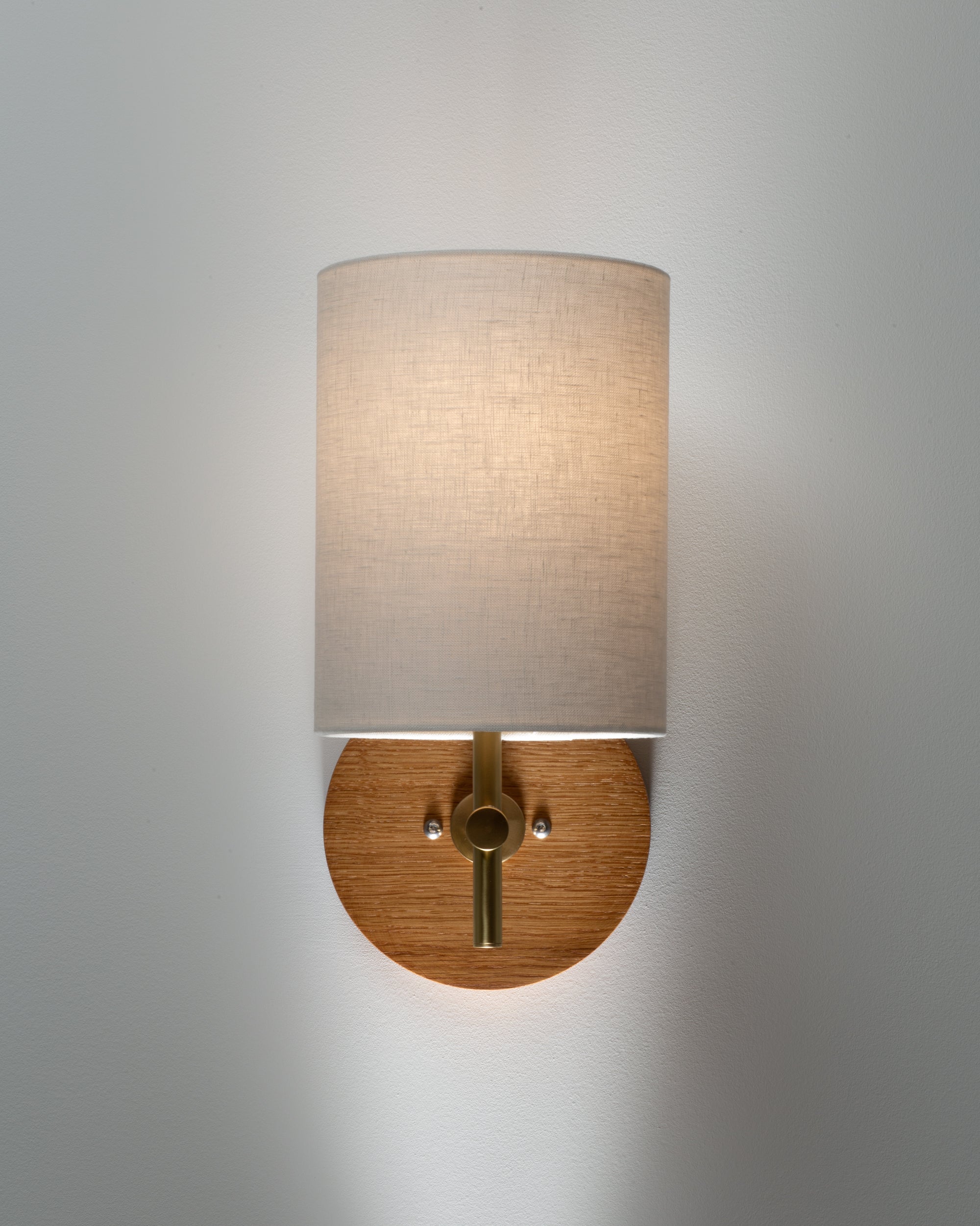 Linen Shade Oak Disc Wall Light Sconce