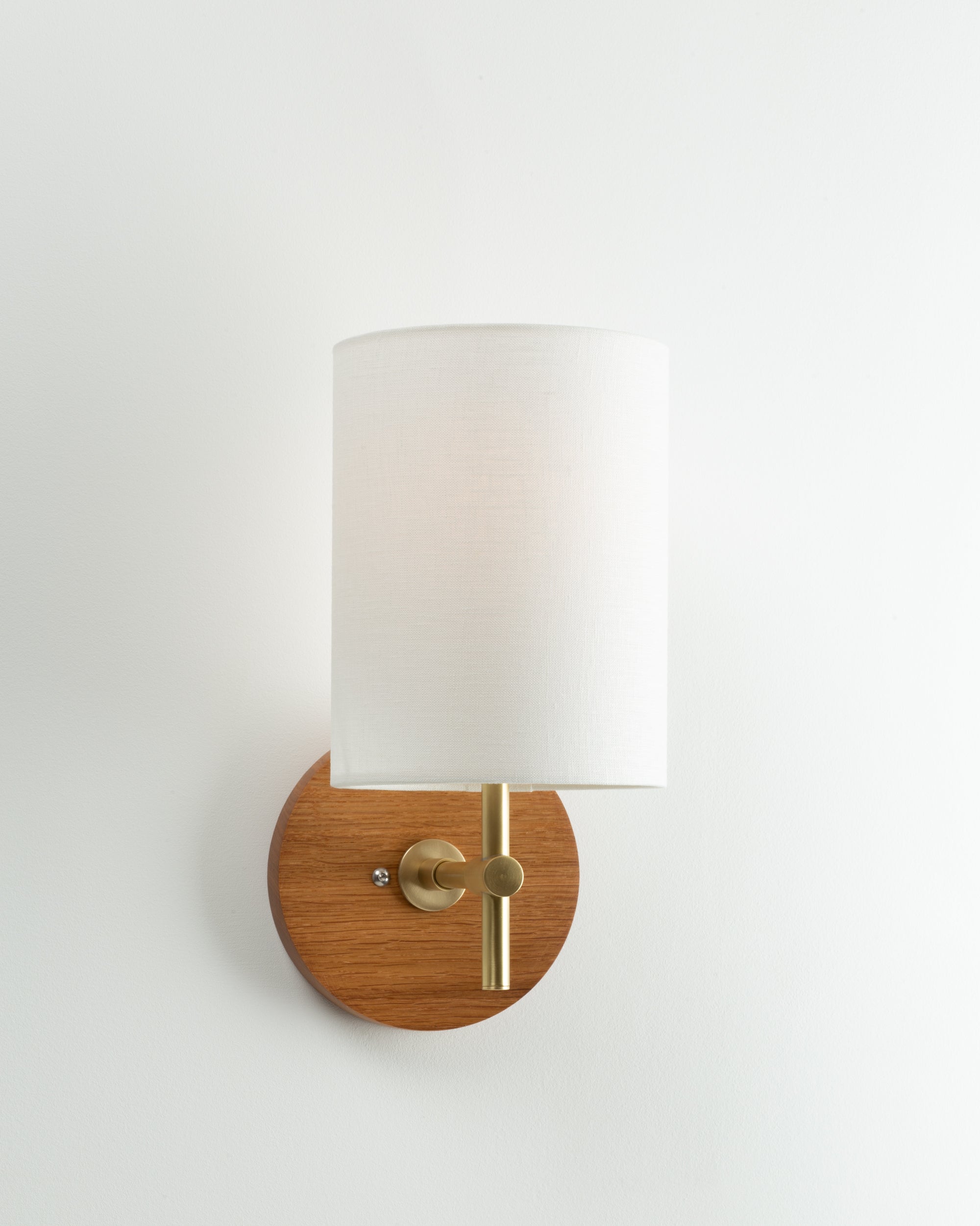 Linen Shade Oak Disc Wall Light Sconce