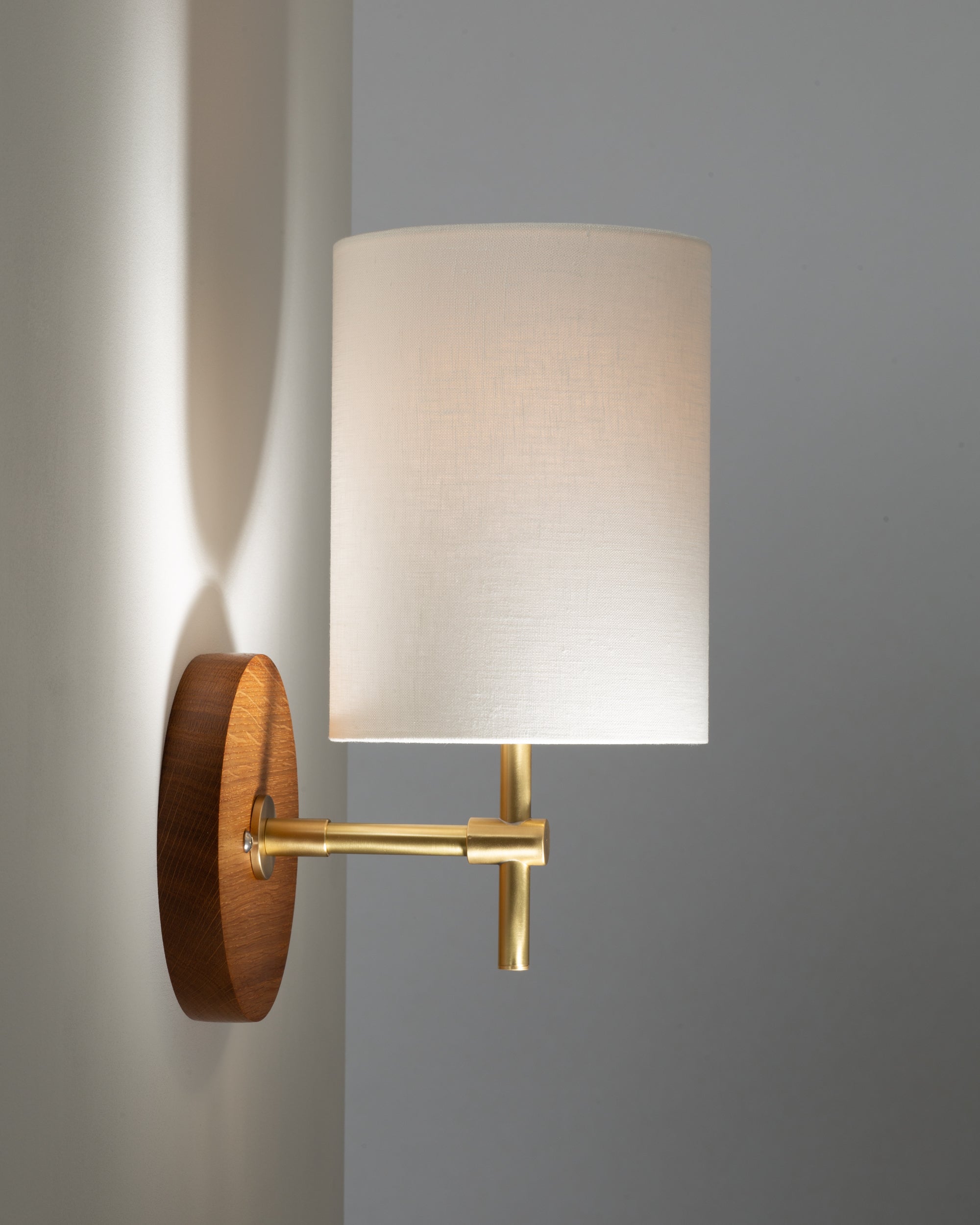 Linen Shade Oak Disc Wall Light Sconce