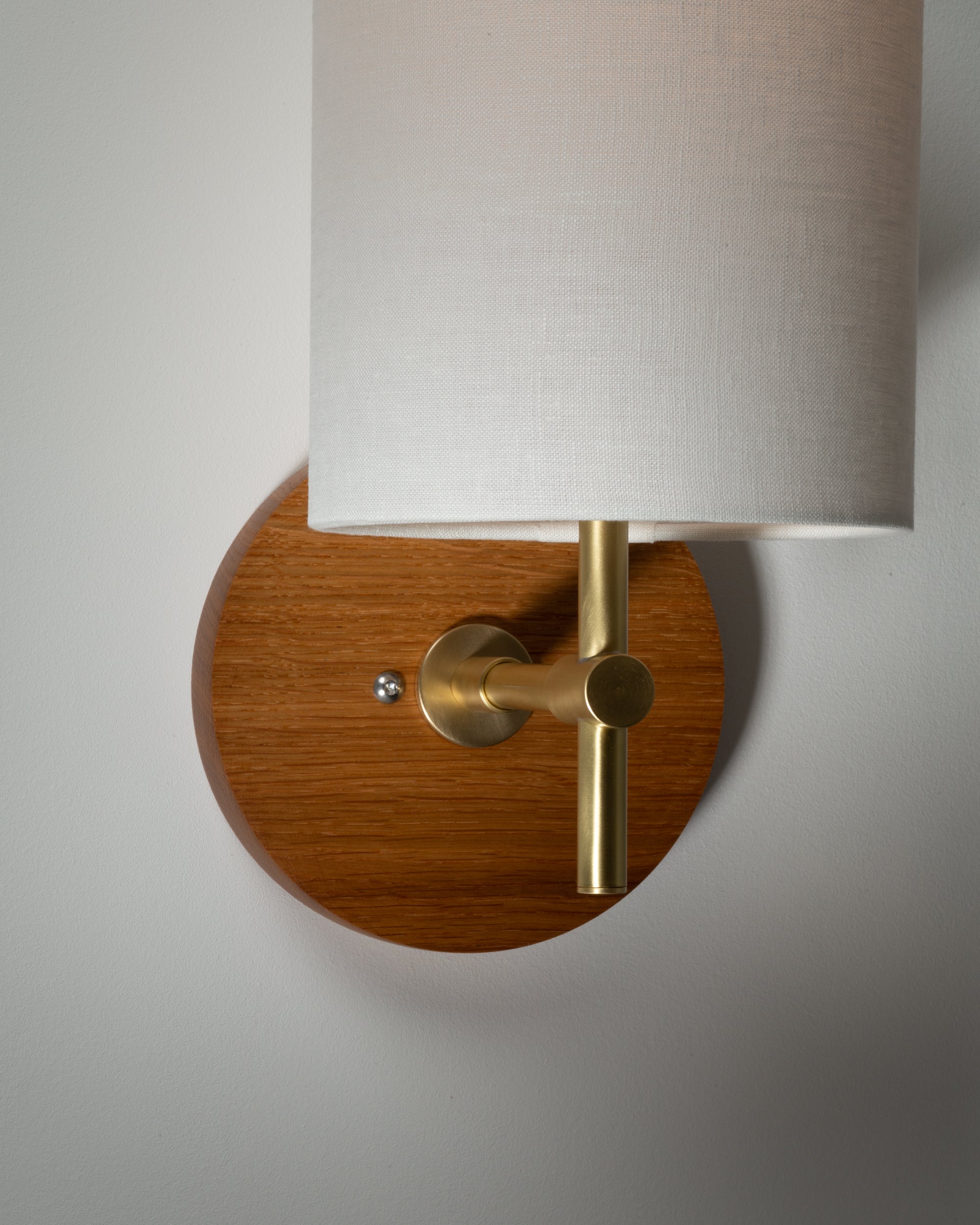 Linen Shade Oak Disc Wall Light Sconce