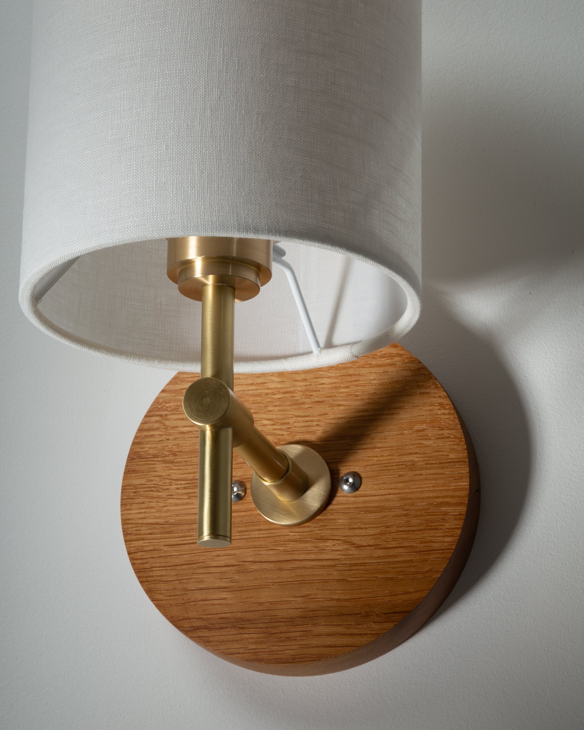 Linen Shade Oak Disc Wall Light Sconce