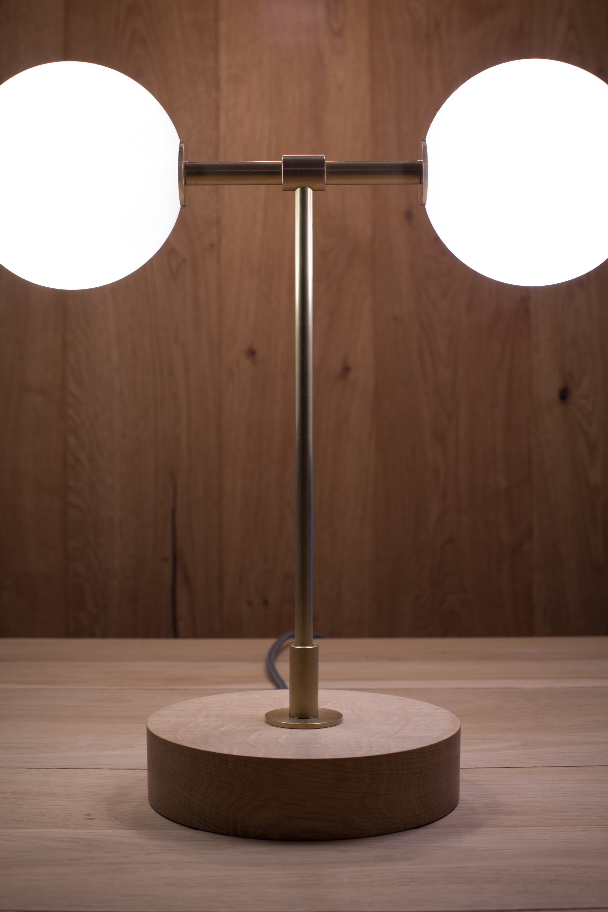 Double Opal Globe Hand Turned Quarter Sawn Oak Table Lamp