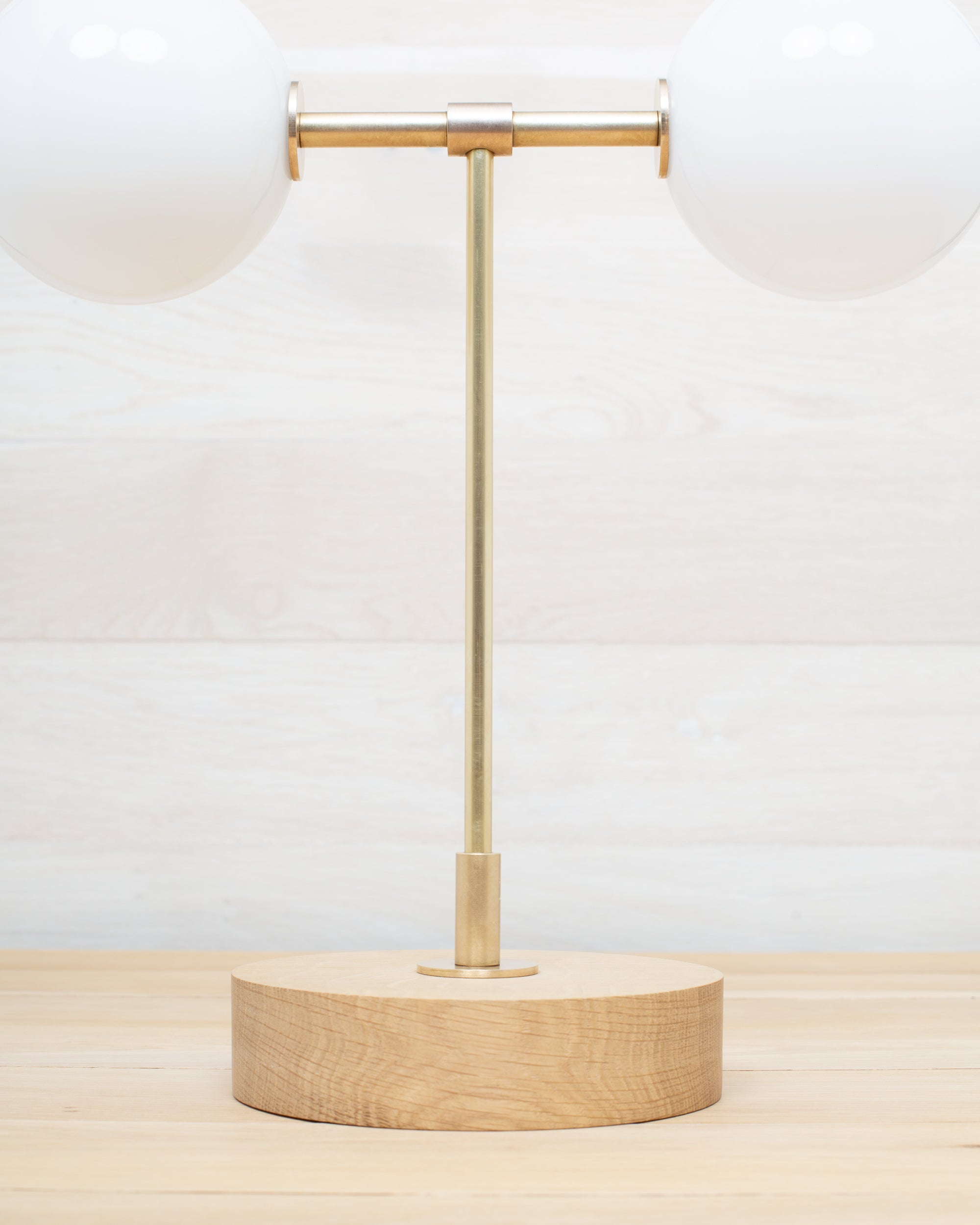 Double Opal Globe Hand Turned Quarter Sawn Oak Table Lamp