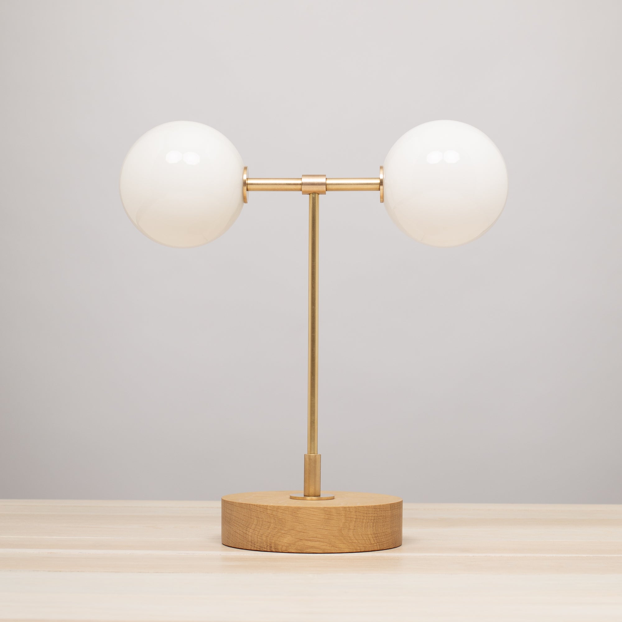 Double Opal Globe Hand Turned Quarter Sawn Oak Table Lamp