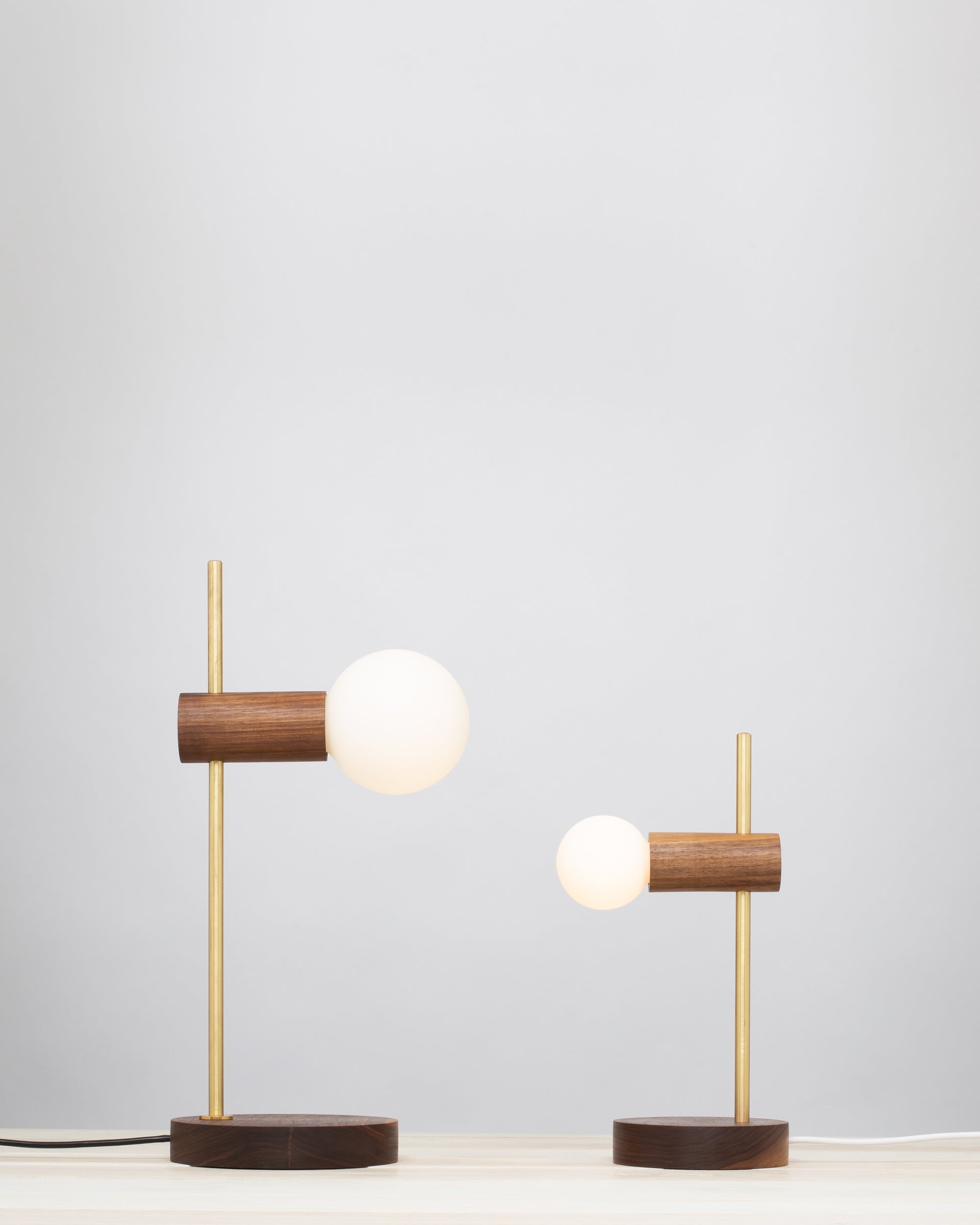 Stem Brass and Walnut table lamp with Sphere Dim to Warm bulbs