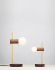 Stem Brass and Walnut table lamp with Sphere Dim to Warm bulbs