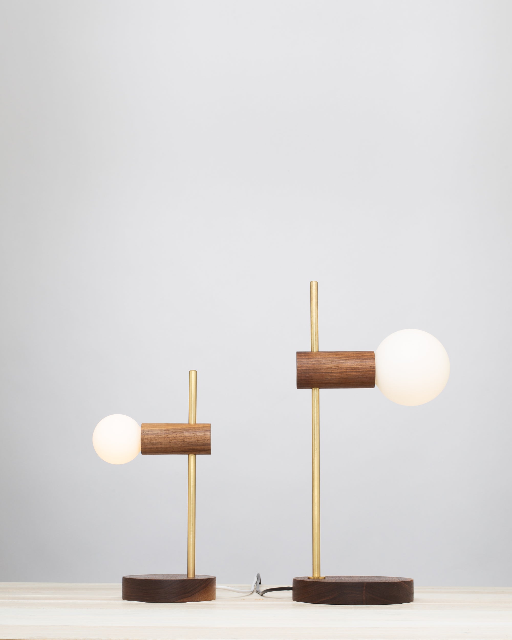 Stem Brass and Walnut table lamp with Sphere Dim to Warm bulbs