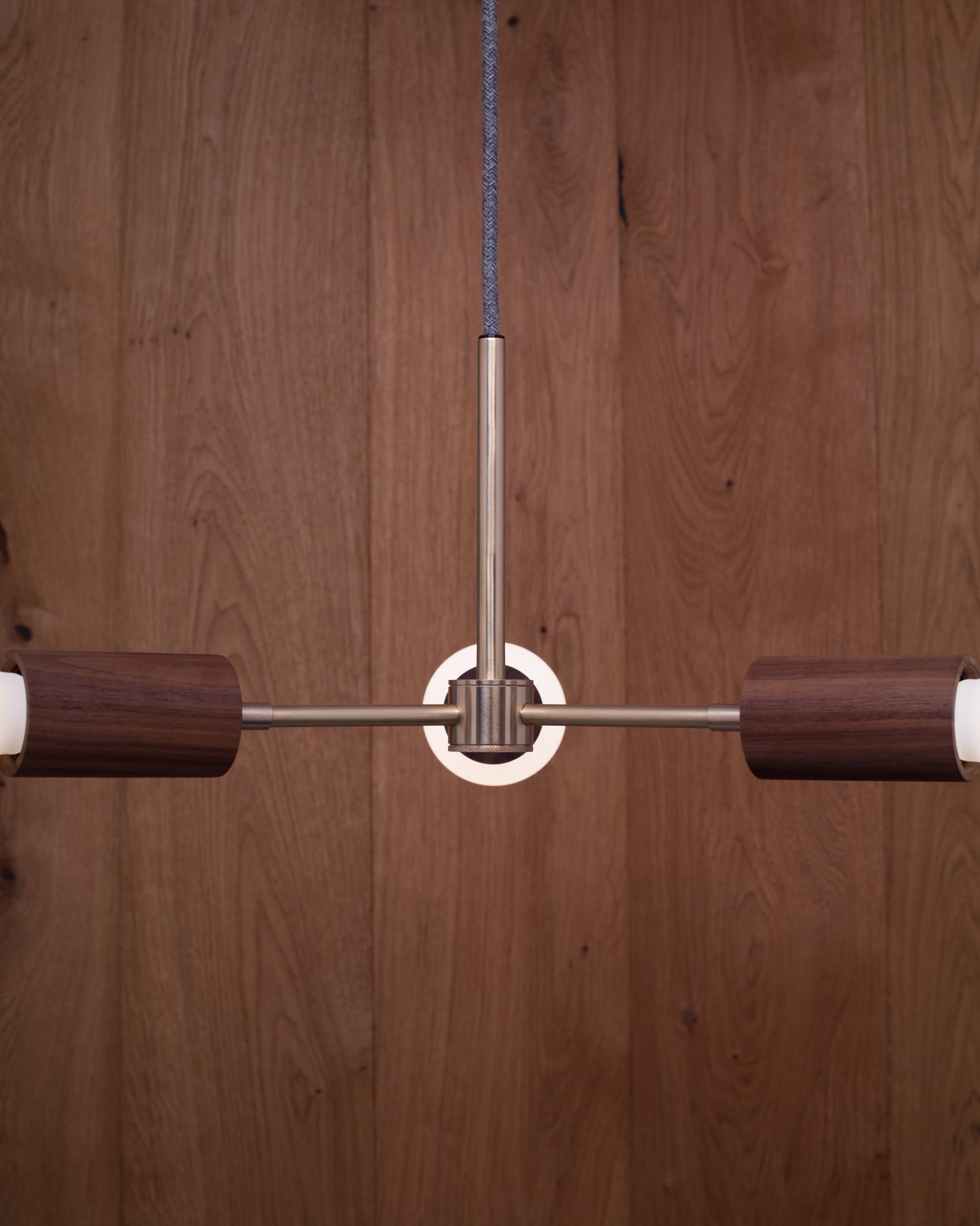 Walnut Triple Arm Pendant Satin Brass Stem 3 x Tala Porcelain ii